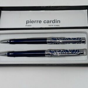 Vtg Pierre Cardin Blue Lacquer & Chrome Filigree Pen Set